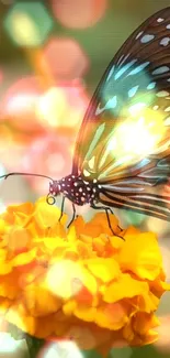 Stunning butterfly on marigold with colorful bokeh effect.