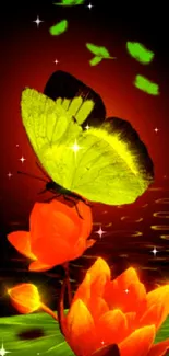 A vibrant butterfly perched on a glowing orange blossom in a serene, colorful setting.