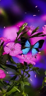 Bright blue butterfly on pink flowers against a purple backdrop.