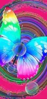 Colorful butterfly on pink swirl background for mobile wallpaper.