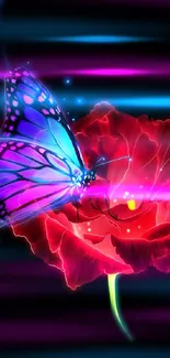 A vibrant neon butterfly on a glowing red flower against a black background.