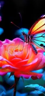 Vibrant butterfly perched on a pink rose with colorful lighting.