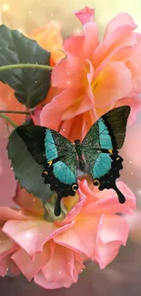 Vibrant butterfly resting on peach roses, creating an elegant mobile wallpaper.