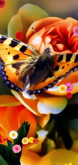 A vibrant butterfly rests on yellow roses with a blurred colorful background.