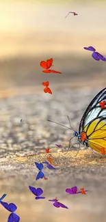 Vibrant butterfly resting on a stone with golden brown hues.