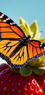 Vibrant butterfly resting on a ripe strawberry against a clear sky.