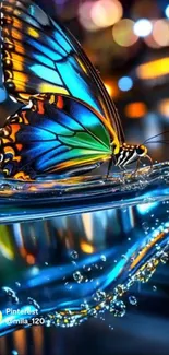 Vibrant butterfly perched on shimmering water with a colorful background.