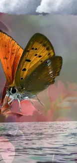 Colorful butterfly flying over water against a serene backdrop.