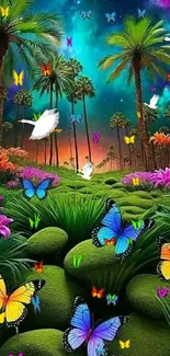 Colorful wallpaper with butterflies and palm trees under a vibrant sky.