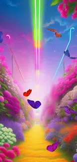 Vibrant pathway with neon lights and butterflies against a colorful sky.