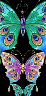 Vibrant butterfly design on black background, featuring teal and purple hues.