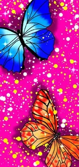 Colorful butterflies on a vibrant pink background with yellow and white splashes.