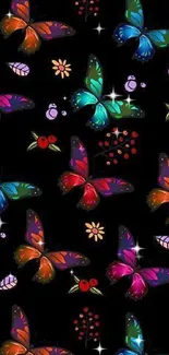 Colorful butterfly pattern on a black background with floral accents.