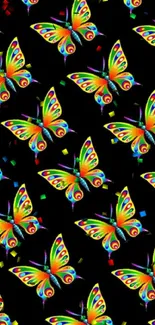 Vibrant, colorful butterfly pattern on black background.