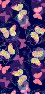 Colorful butterfly pattern wallpaper on a dark purple background.