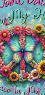 Colorful butterfly with flowers and peace sign