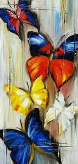 Colorful butterfly design with blue, red, and yellow hues on abstract background.