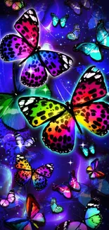 Vibrant neon butterfly wallpaper on a dark blue background.