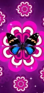 Vibrant butterfly on purple floral wallpaper.