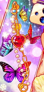 Colorful butterfly-themed phone wallpaper with heart chain design.