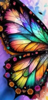 Colorful butterfly wallpaper with floral accents and vibrant wings.