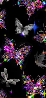 Vibrant butterflies with glittery colors on a dark background wallpaper.