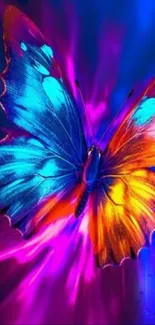 Vibrant neon butterfly wallpaper with blue and orange hues.