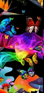 Hand holding phone with vibrant, colorful butterflies and digital art.