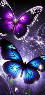 Vibrant purple and blue butterflies with glowing floral accents on a dark background.