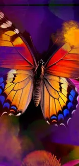 Vibrant butterfly with colorful wings on phone wallpaper.