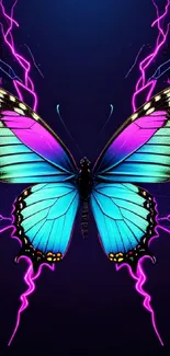 Vibrant neon butterfly with electric purple lightning.