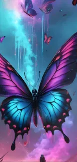 Vibrant butterfly with blue and pink hues in a fantasy setting.