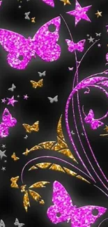 Colorful glitter butterfly wallpaper with pink and gold hues.