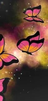 Vibrant pink butterflies on black background with mystical smoke design.