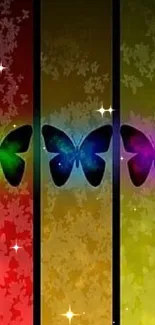 Colorful butterfly wallpaper with vibrant red, green, and yellow hues.