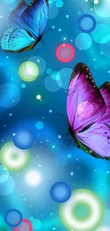 Colorful butterfly wallpaper with blue and purple elements.