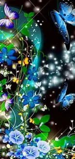 Vibrant wallpaper with butterflies and flowers on a dark background