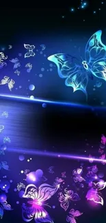 Mystical wallpaper with glowing blue and purple butterflies.