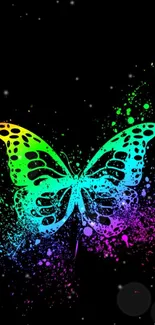 Vibrant butterfly with rainbow splash on dark phone wallpaper.