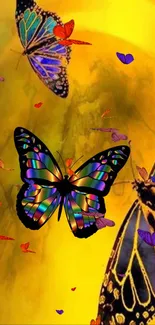 Colorful butterflies on a yellow background with artistic design.