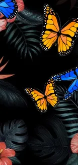 Vibrant orange and blue butterflies with tropical plants on a dark background.