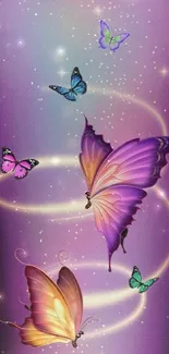 Mobile wallpaper with colorful butterflies on a starry purple background.