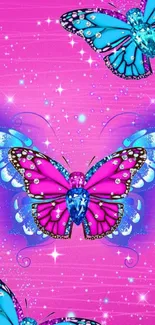 Vibrant pink and blue butterfly wallpaper with sparkling gem accents.