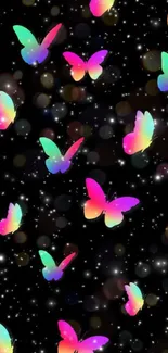 Colorful butterfly wallpaper with stars on a dark background.