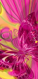 Vibrant pink butterfly with abstract swirls.