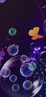 Vibrant butterfly wallpaper with neon lights and bubbles on a dark background.