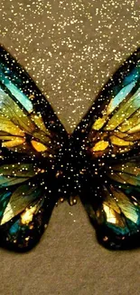 Vibrant butterfly with blue and gold wings on a textured background.