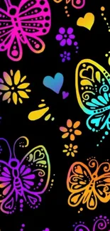 Vibrant neon butterfly pattern on black mobile wallpaper.