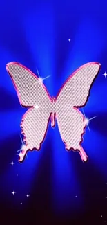 Vibrant blue butterfly wallpaper with pink accents.