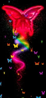 Vibrant butterfly wallpaper with rainbow dust on black background.